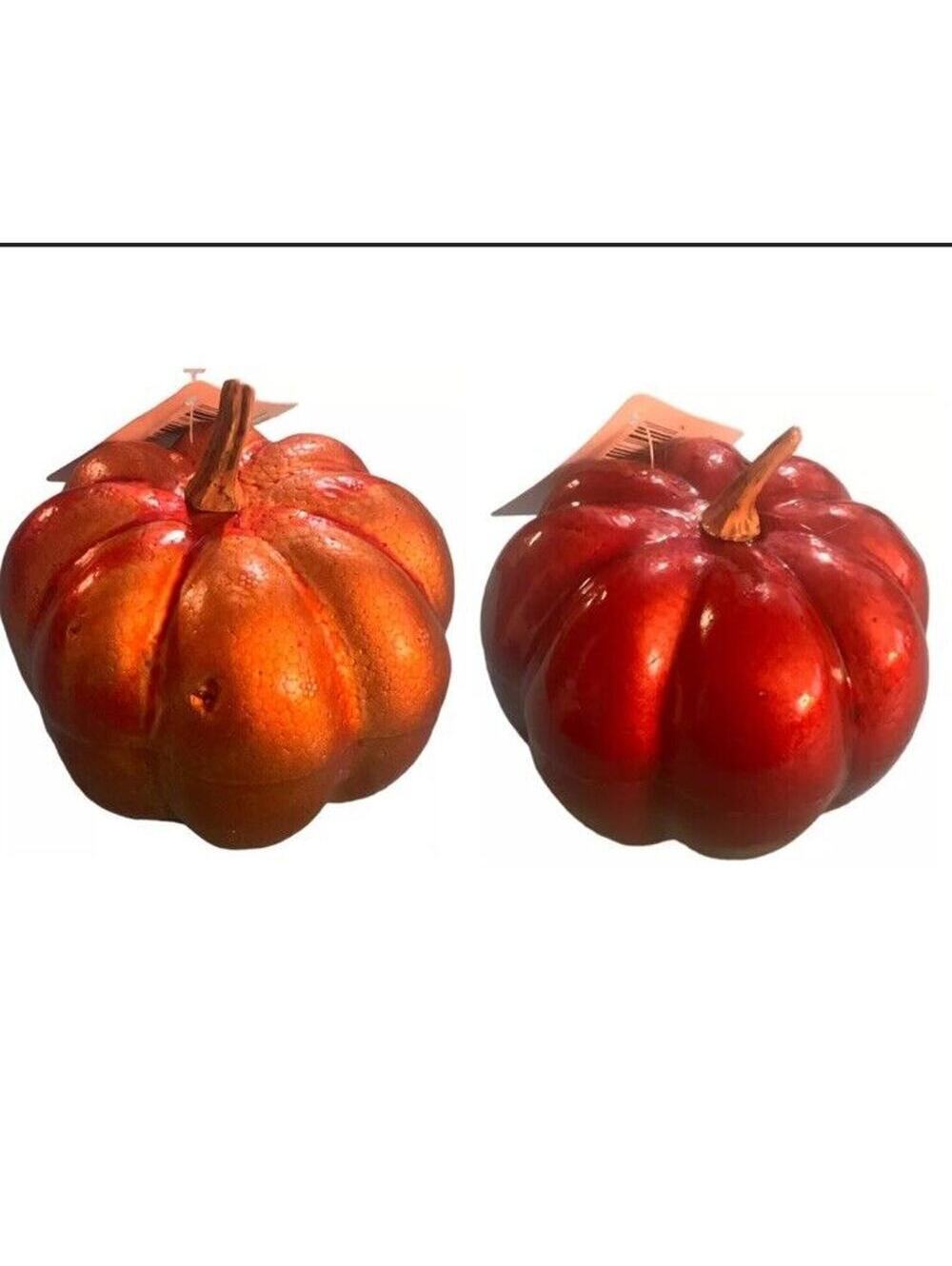 HALLOWEEN FALL DECOR PUMPKINS Lot Of 2 Adorable Shiny Orange Pumpkins
